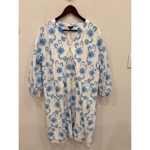 Talbots Plus 18W Blue White Embroidered Tunic Dress Boho Peasant Top